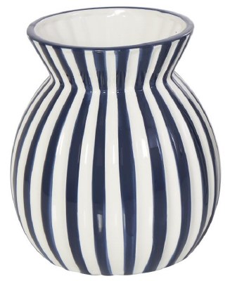 8" Navy and White Stripes Wide Base Ceramic Vase