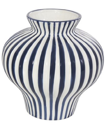8" Navy and White Stripes Wide Top Ceramic Vase