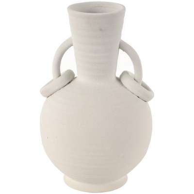 13" White Two Handles and Rings Ceramic Vase