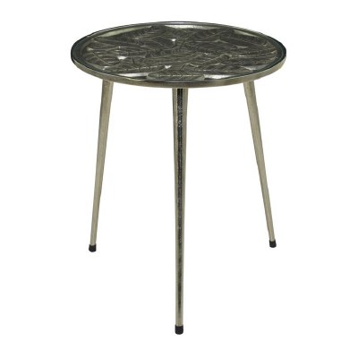 19" Round Silver Leaves Glass Top End Table