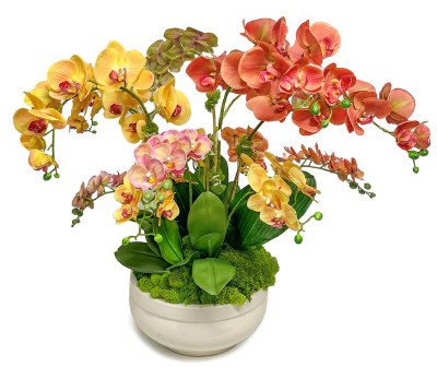 25" Faux Multicolor Orchids in a White Bowl