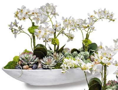 15" Faux White Mini Orchids and Succulents With Shells in a Bowl