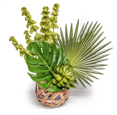 19" Faux Green Tropical Leaves in a Wicker Wrapped Glass Vase