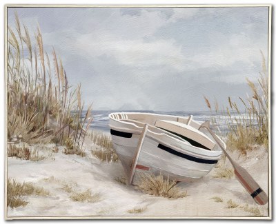 32" x 40" Skiff on the Beach Framed Coastal Canvas