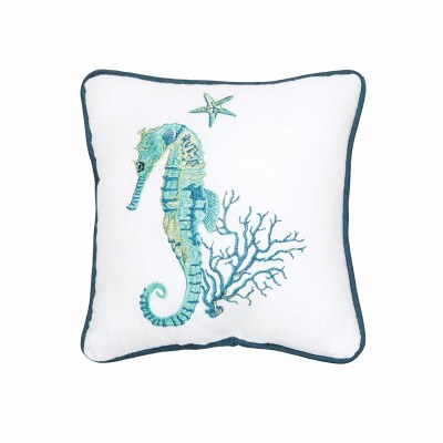 10" Sq Seahorse and Coral Decorative Coastal Pillow