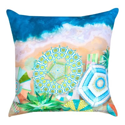 18" Sq Multicolor Umbrellas on the Beach Decorative Indoor/Outdoor Coastal Pillow