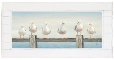 28" x 56" Seagulls Lined Up Gel Textured Coastal Framed Print