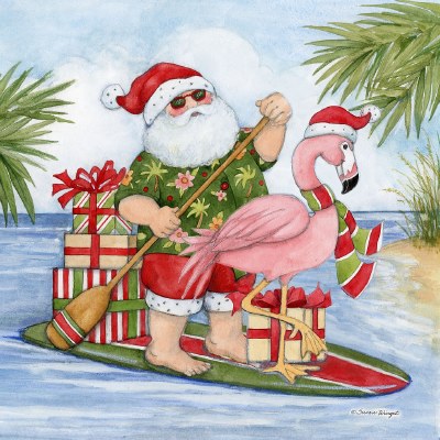 18" Sq Santa on a Paddleboard Decorative Indoor/Outdoor Coastal Christmas Pillow