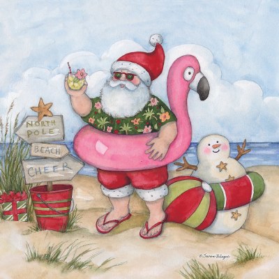 18" Sq Santa on the Beach With a Flomingo Float Deocrative Indoor/Outdoor Coastal Christmas Pillow