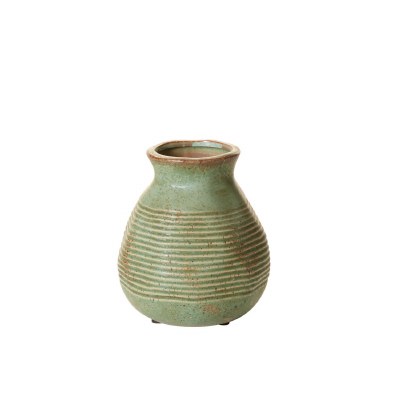 7" Green and Brown Cermaic Lines Vase