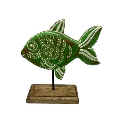 9" Green Wood Fish on a Stand