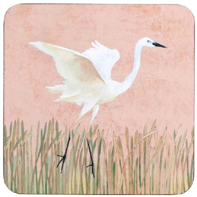 Set of Four 4" Square White Egret on Coral Cork Backed Coasters