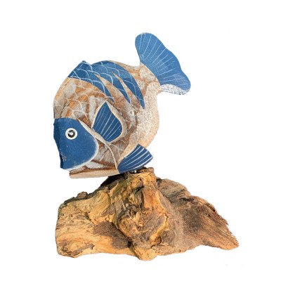 7" Blue and White Wash Fish on Wood Statue