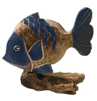 10" Blue and Whitewash Round Fish on Dirftwood Statue