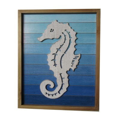 17" x 14" Distressed White Seahorse on Blue Background Coastal Wood Wall Art Plaque