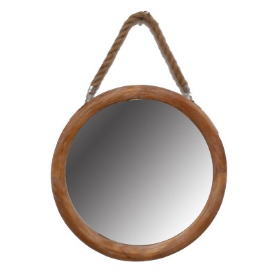 16" Round Brown Mirror With a Jute Rope Hanger