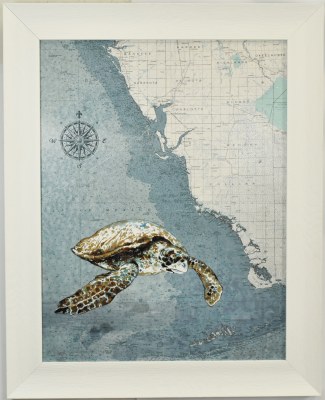 36" x 29" Southwest Florida Map With a Sea Turtle Coastal Print in a White Frame
