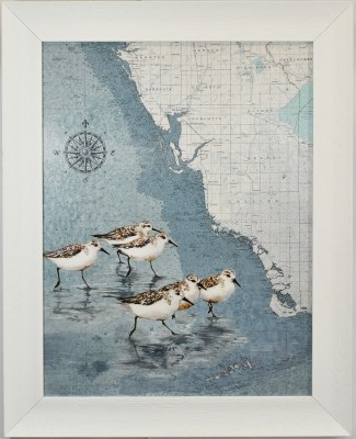 36" x 29" Southwest Florida Map With Sandpipers Coastal Print in a White Frame
