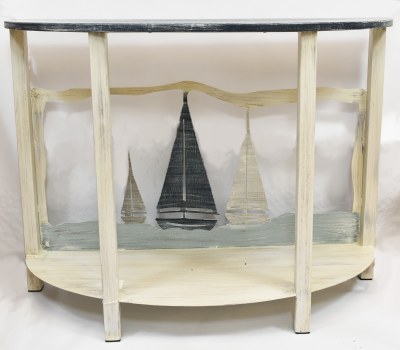 42" Navy and Distressed White Half Round Sailboat Console Table With a Navy Blue Top