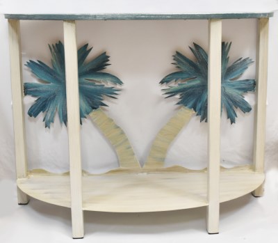 42" Multicolor Half Round Palm Tree Console Table With a Light Blue Top