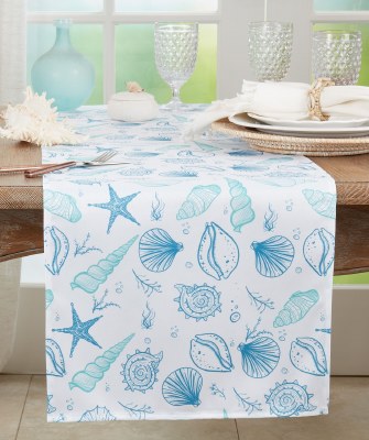 16" x 70" Blue and Green Sea Shells Table Runner