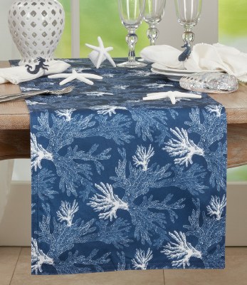 16" x 54" Dark Blue and White Coral Coastal Table Runner
