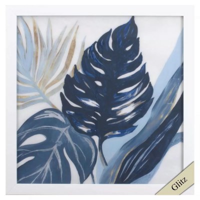 27" Sq Blue Palm Fronds 1 Gel Textured Coastal Framed Print