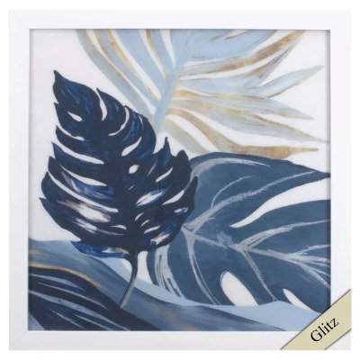 27" Sq Blue Palm Fronds 2 Gel Textured Coastal Framed Print