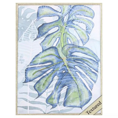 25" x 19" Blue and Green Topical LEaves 1 Gel Textured Framed Print