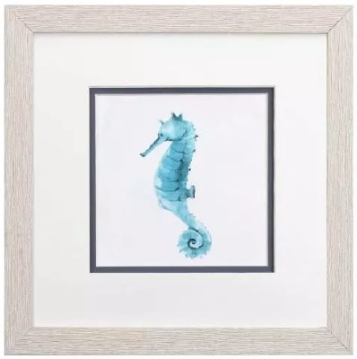 11" Sq Blue Seahorse Coastal Framed Print Under Glass