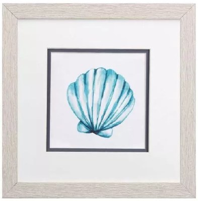 11" Sq Blue Scallop Shell Coastal Framed Print Under Glass