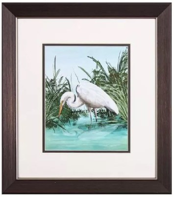 18" x 16" White Egret With Head Down Coastal Framed Print Under Glass