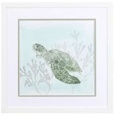 17" Sq Green Big Fin Sea Turtle Coastal Framed Print Under Glass
