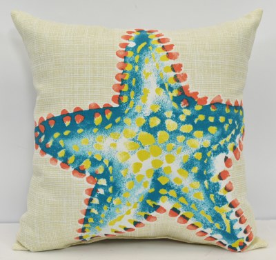 16" Sq Blue and Coral Starfish Decorative Pillow