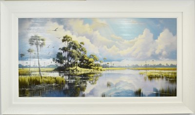 33" x 57" Marshland Serenity 1 Coastal Gel Textured Print in a White Frame