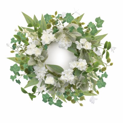 6" Faux White Flowers and Frosted Leaves Candle Ring