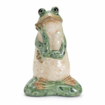 8" Distressed White and Green Frog With a Hand Up Ceramic Statue