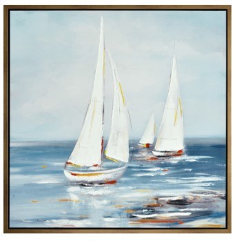 35" Sq White and Multicolor Sailboats Framed Coastal Canvas