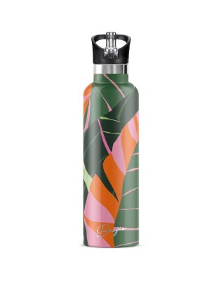 25 Oz Green and Pink Tropical Leaves Insulated Water Bottle