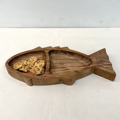 6" x 14" Two Compartment Wood Fish Dish