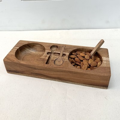 5" x 12" Three Compartment Wood Dish With Spoons