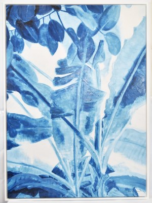 60" x 40" Blue and White Tropical Leaves Canvas in a White Frame