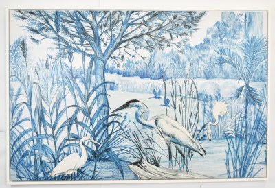 40" x 60" White Birds on a Blue Landscape Canvas in a White Frame