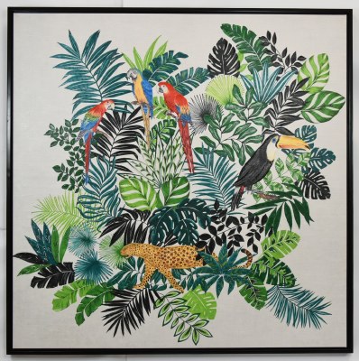 48" Sq Tropical Birds and Leaves Canvas in a Black Frame