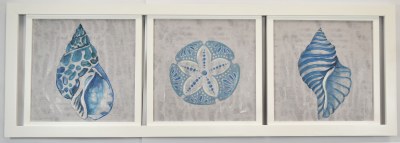 20" x 60" Three in One Blue Sea Shells Canvas in a White Frame