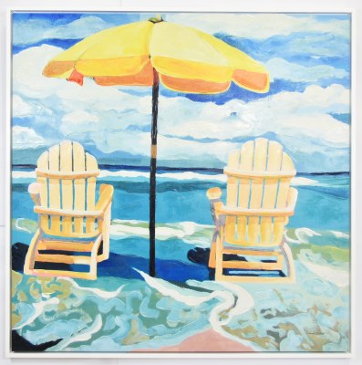 48" Sq Beach Chairs Under a Yellow Umbrella Canvas in a White Frame