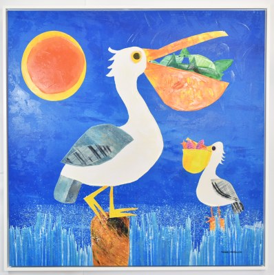 48" Sq Two Pelicans on Blue Canvas in a White Frame