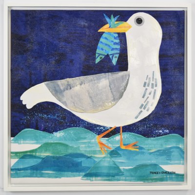 24" Sq Seagull Holding Fish Canvas in a White Frame