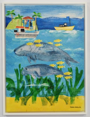 32" x 24" Two Manatees Swimming Canvas in a White Frame