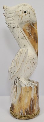 15" Medium Distressed White Wood Pelican on a Piling Statue